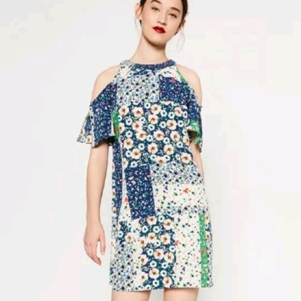 Floral Patch Work Cold Shoulder Mini Dress